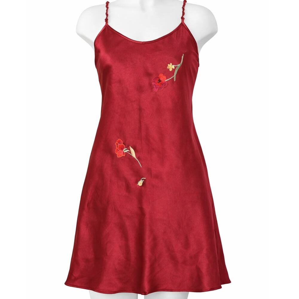 Satin and Beaux Red Satin Embroidered Nightgown Sleep Dress Medium Floral Y2K